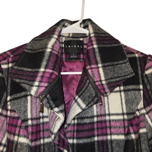 Tribal Plaid Wool Blend Pea Coat Sz 6 Purple Womens Button Up & Satin Lining New - Picture 4 of 15